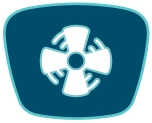 A stylized white cooling fan icon with four blades on a dark teal background, enclosed in a rounded, teal-bordered rectangle.
