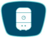Icon of a white electric water heater with a gauge, set against a dark teal background.