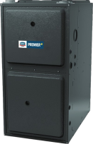 Discover the black Premier furnace unit with two panels, showcasing a small logo and vent openings. Learn more about us and our commitment to quality craftsmanship.