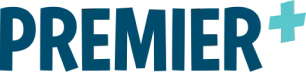 Logo with the word "PREMIER" in bold blue letters, followed by a blue plus sign.